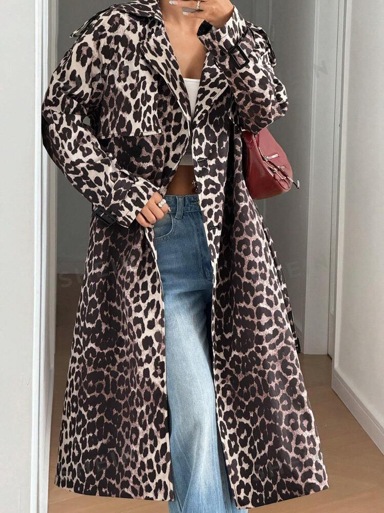 SHEIN EZwear Women's Casual Leopard Print Trench Coat, Autumn | SHEIN