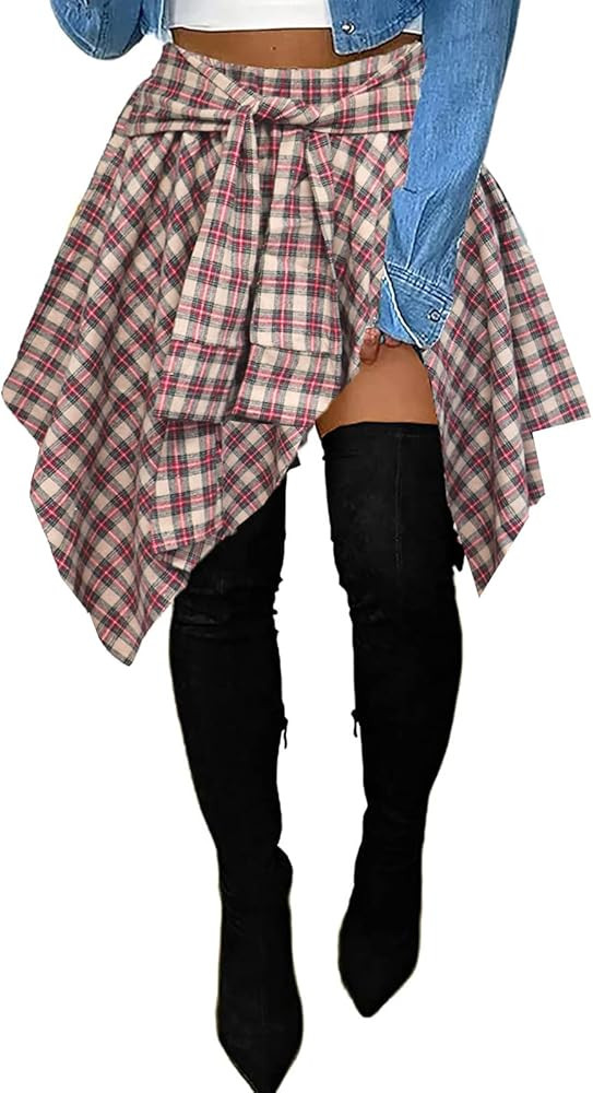 Women's Plaid Skorts Skirts - High Waisted Tie Front Pleated Summer Asymmetrical Skirt with Short... | Amazon (US)