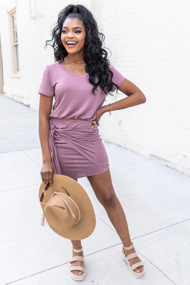 Behind Story Mauve Wrap Skirt Knit Dress | Pink Lily