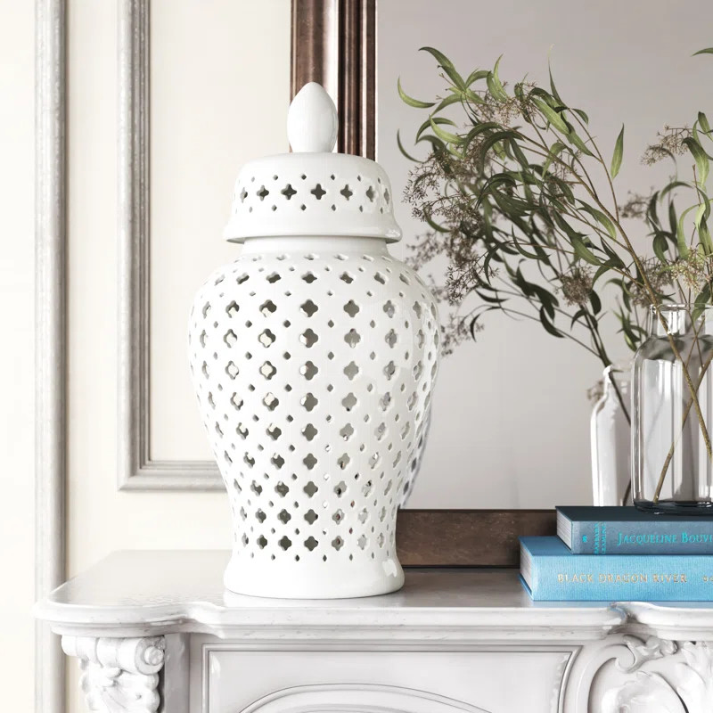 Neutral Modern Ceramic Cut Out Temple Jar with Lid | Wayfair North America