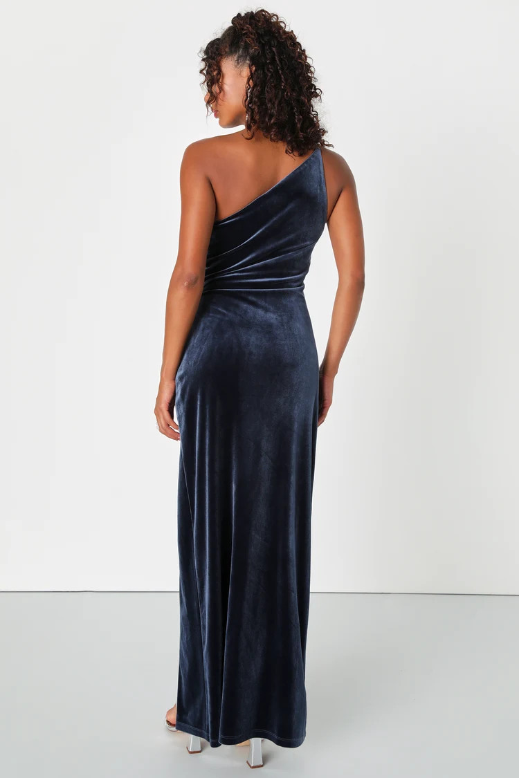 Elegant Era Dark Slate Blue Velvet One-Shoulder Maxi Dress | Lulus