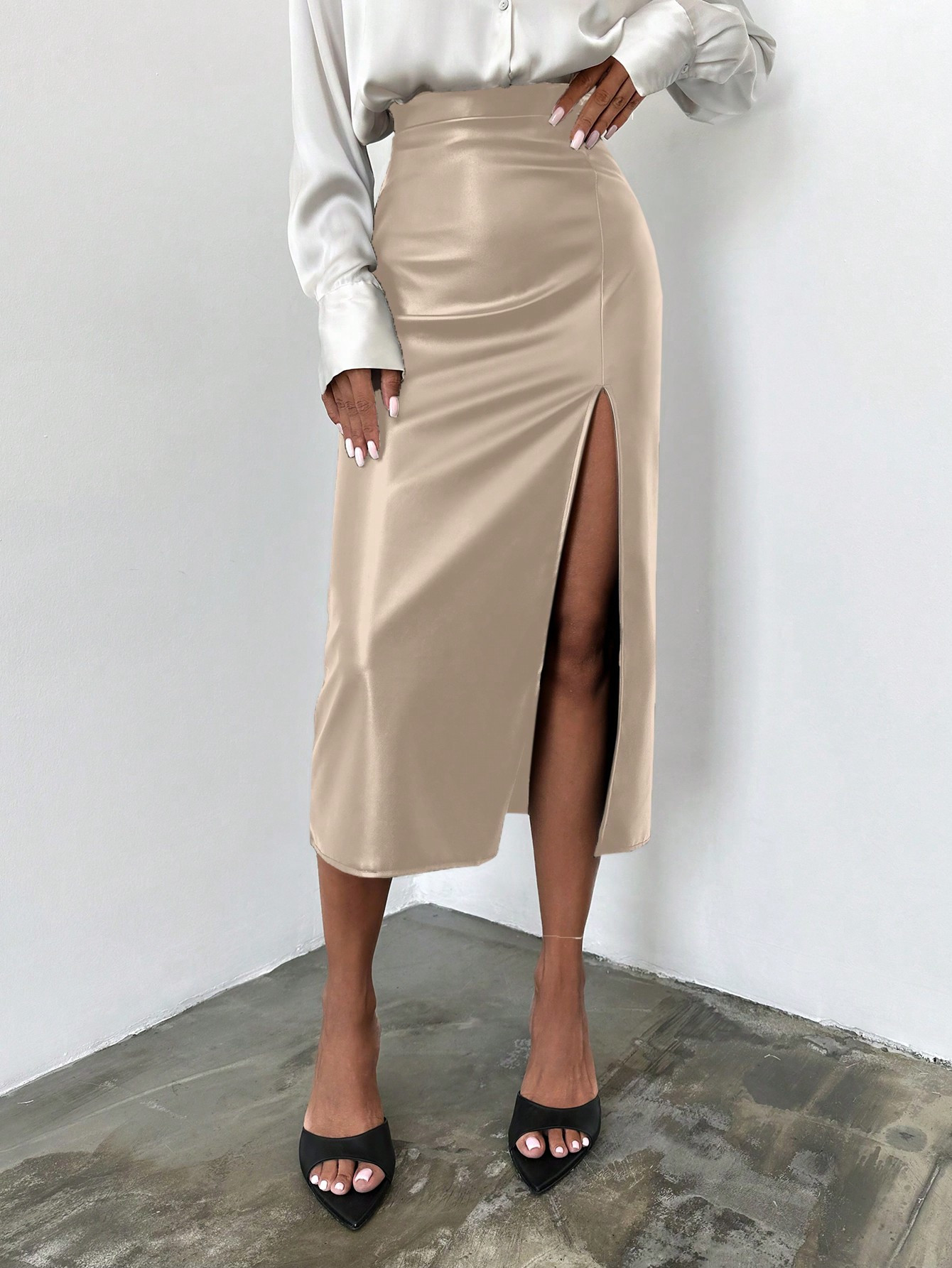 SHEIN Gonne vita alta a fessura alta PU | SHEIN