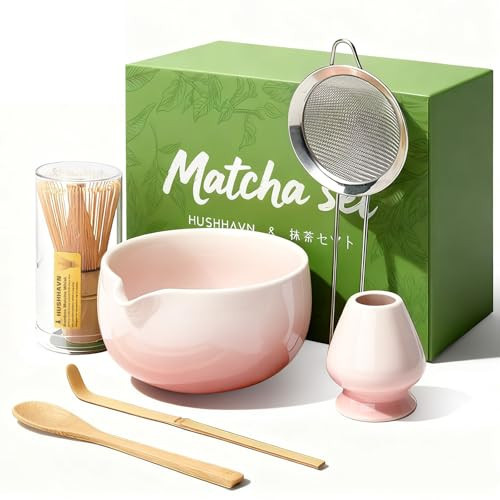 HUSHHAVN Matcha Whisk Set, Ceramic Matcha Set Includes Bowl & Holder, Bamboo Whisk (Chasen), Scoop, Spoon and Sifter, 6PCS Matcha Kit Covers Everything Needed for Making Matcha (Pink) | Amazon (US)
