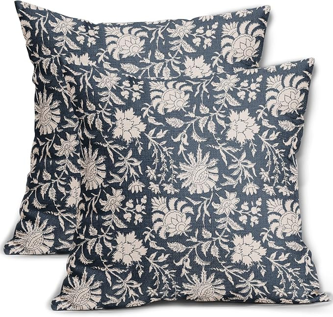 Dusty Blue Floral Pillow Covers 20x20 Set of 2 Cream Vintage Flower Block Print Pattern Decorativ... | Amazon (US)