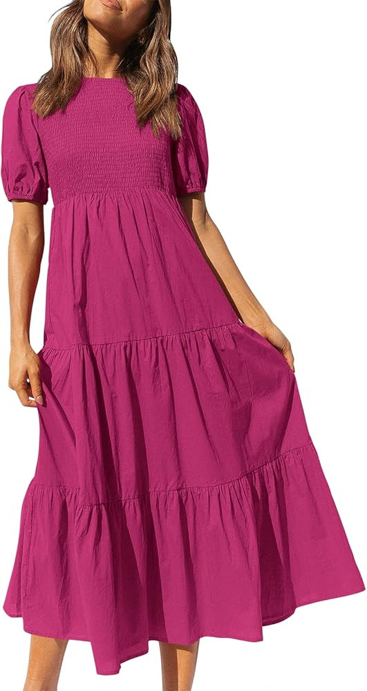 LOGENE Women Short Sleeve Crew Neck Smocked Elastic Waist Tiered Maxi Dress Summer Boho Solid Color  | Amazon (US)