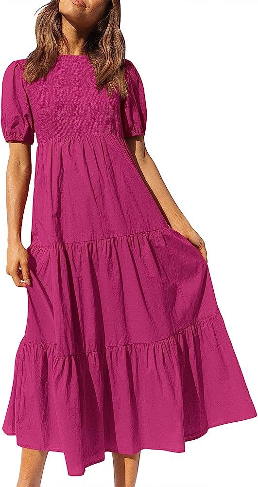 LOGENE Women Short Sleeve Crew Neck Smocked Elastic Waist Tiered Maxi Dress Summer Boho Solid Color  | Amazon (US)