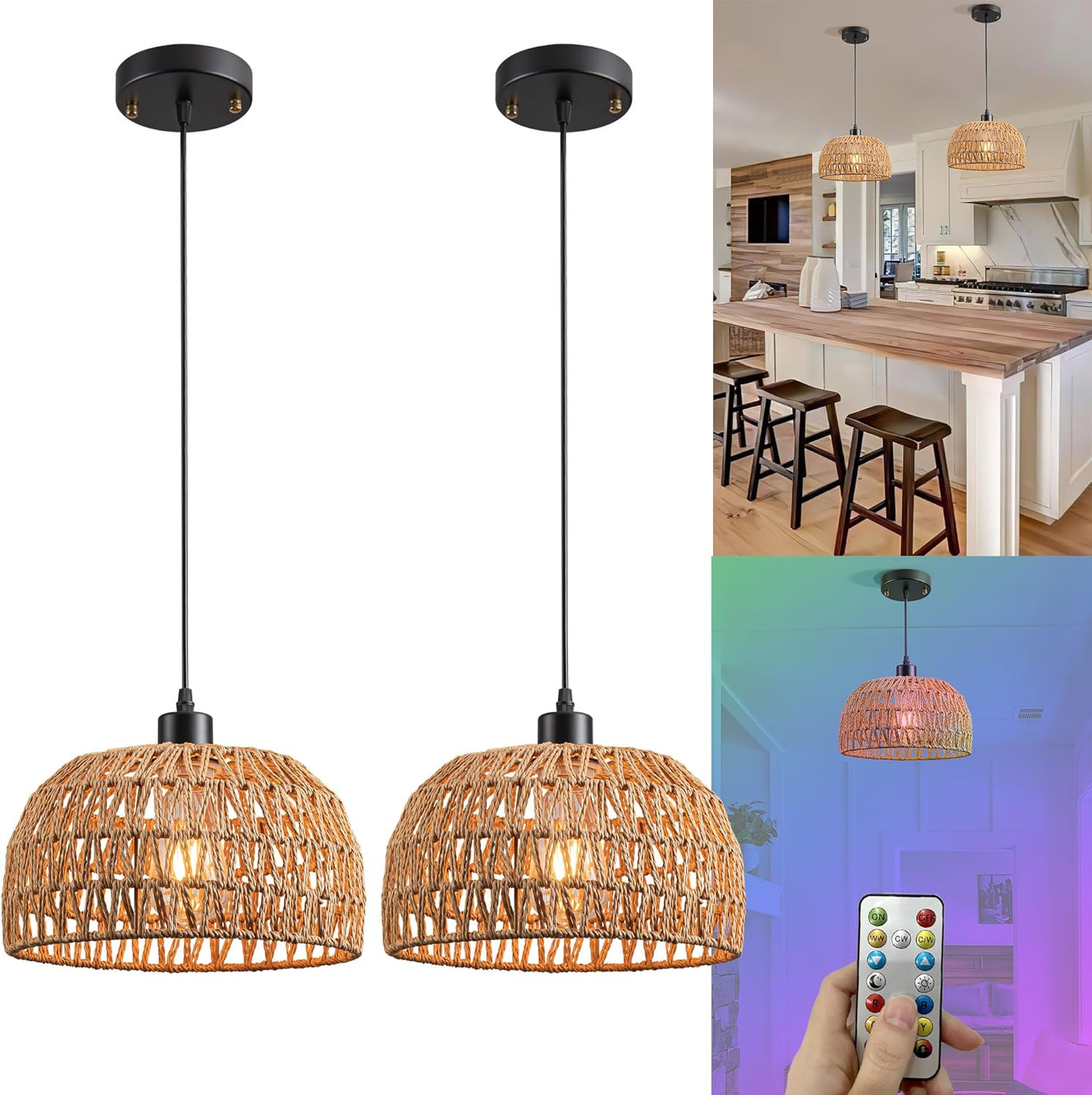 Battery Operated Pendant Light with Remote,Battery Hanging Light Rattan Woven Chandelier No Wirin... | Amazon (US)