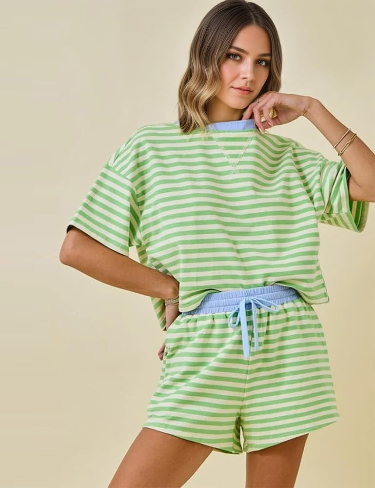 MISSACTIVER Womens Lounge 2 Piece Sets Summer Striped Matching Pajamas Set Short Sleeve Oversized... | Amazon (US)