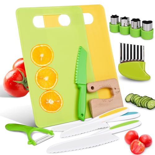 Kinggrand Kitchen 13 Pcs Montessori Kitchen Tools for Toddlers Kitchen Tools Kid Safe Knife Set for Real Cooking Cutting Boards,Crinkle Cutter,Peeler,Serrated Edges and Wooden Safe Knives | Amazon (US)
