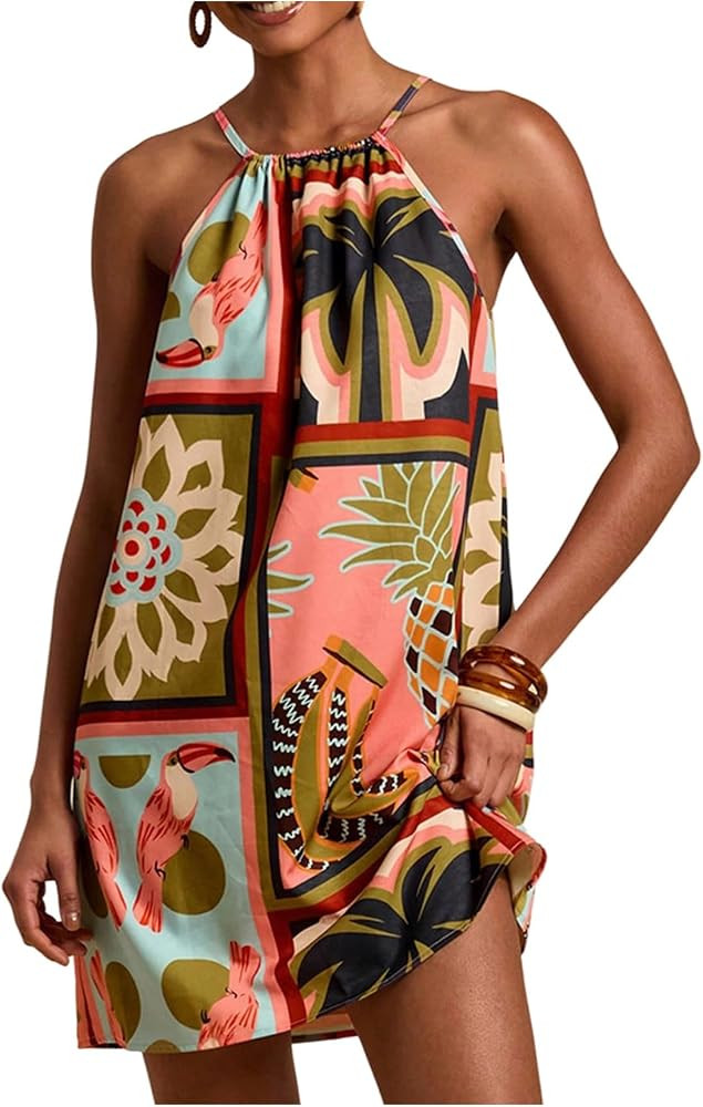 SweatyRocks Hawaiian Dresses For Women Tropical Floral Halter Mini Dress Sleeveless Beach Vacatio... | Amazon (US)