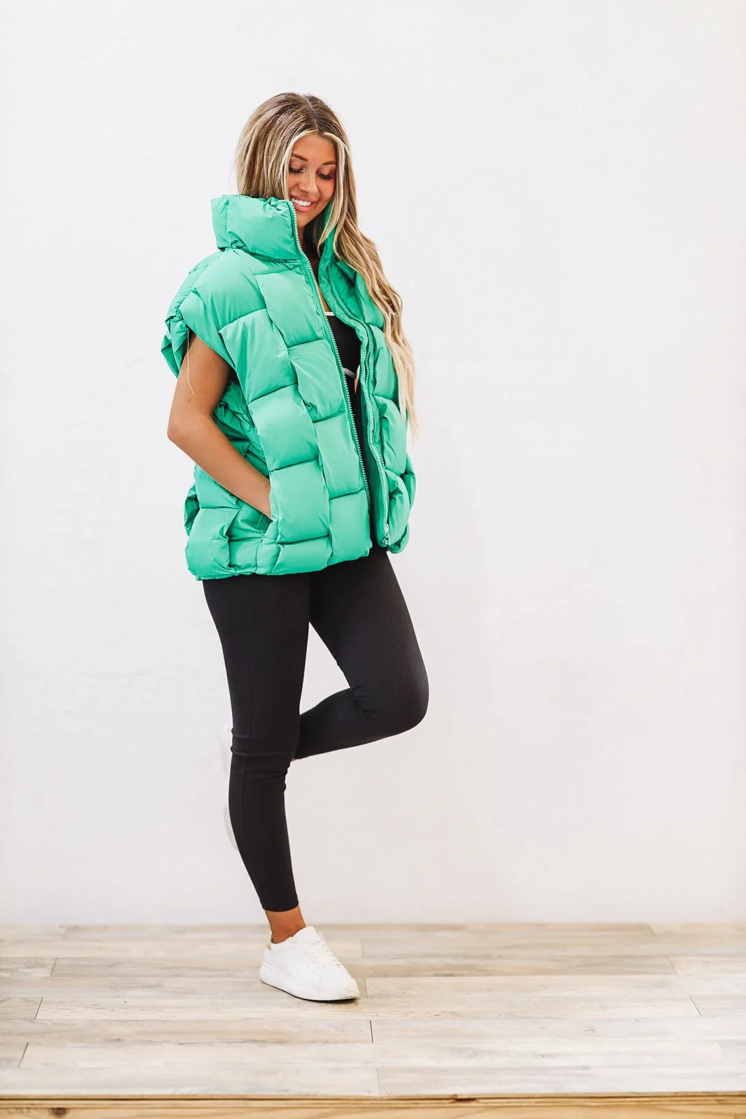 Woven Checks Puffer Vest - Kelly Green | Hazel and Olive