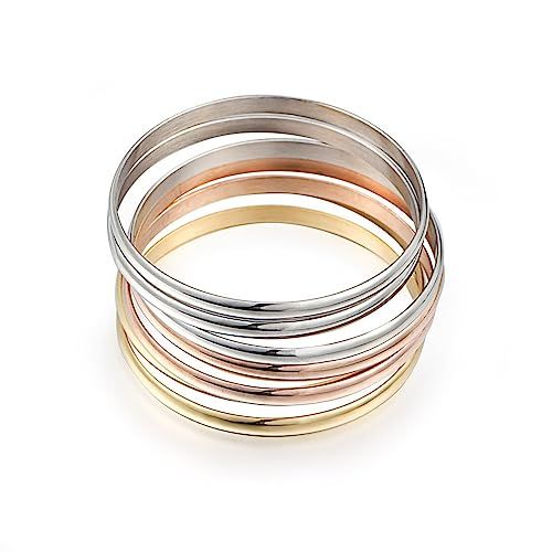 Caperci Women's Set of 7 Tri-color Silver/Gold / Rose Gold Stainless Steel Bracelet Bangle Set 8.... | Amazon (US)
