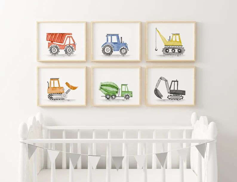 Set of 6 Construction Vehicle Prints, Boy Nursery Decor,Watercolor Construction Truck Printable Set, | Etsy (US)
