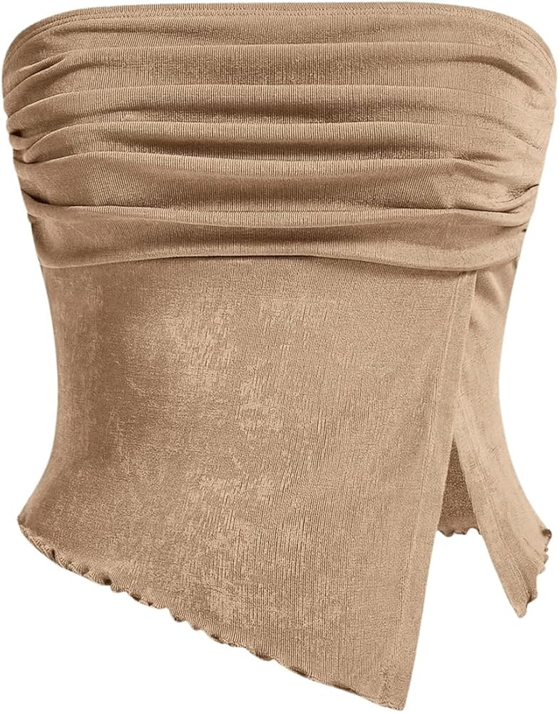 Milumia Women Sexy Mesh Tube Tops Split Hem Going Out Strapless Bandeau Tops Ruched Tank Shirts | Amazon (US)