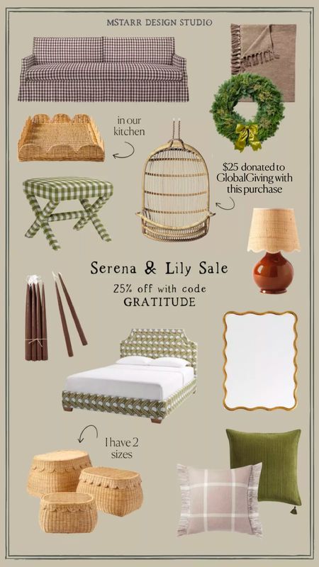 Serena & Lily sale…25% off with code GRATITUDE. And in honor of Giving Tuesday, $25 will be donated to GlobalGiving with the purchase of select rattan items. 

Furniture, home decor, holiday decor, Christmas decor, wreath, lamp, mirror, upholstered bed, scallop

#LTKsalealert #LTKGiftGuide #LTKhome