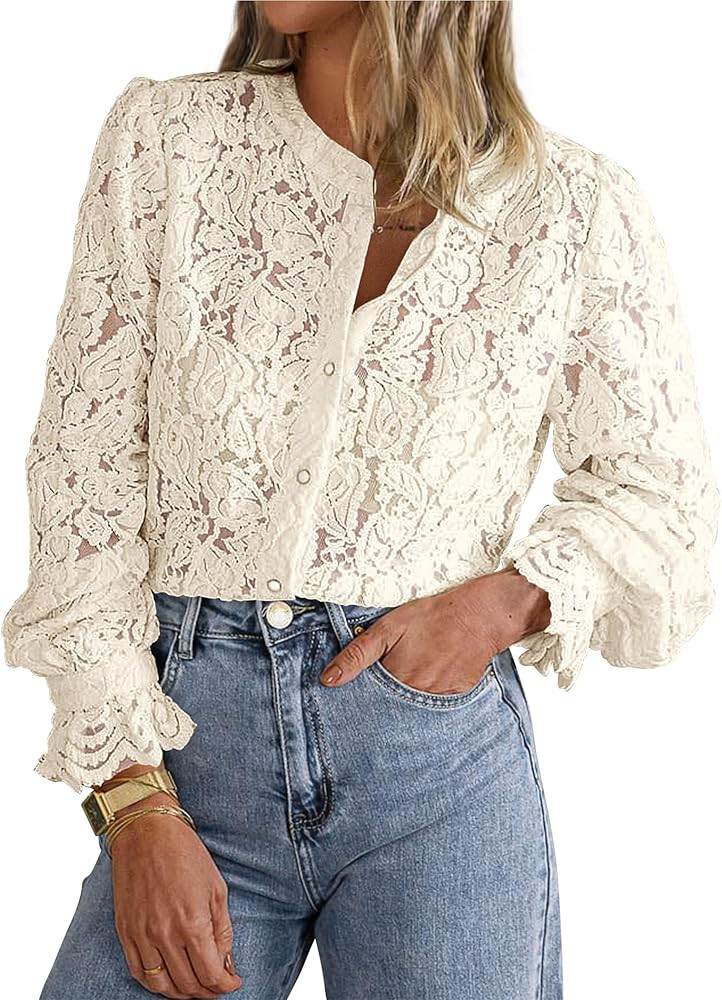 PRETTYGARDEN Women's Dressy Casual Lace Blouse Long Sleeve Button Up Shirts Tops Spring Fall Fash... | Amazon (US)