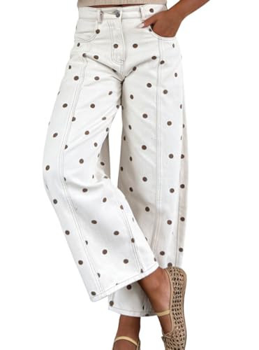 chouyatou Women's 2026 Polka Dot Pattern Barrel Jeans Boyfriend Y2K Casual Wide Leg Mid Rise Denim Pants (Medium, White) | Amazon (US)