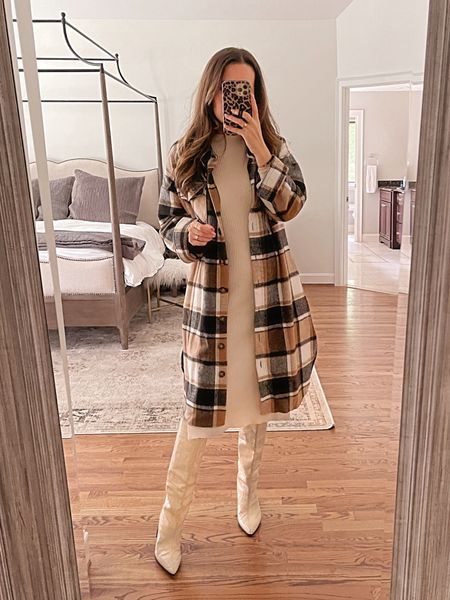 How to style a long plaid Shacket with sweater dress and western Schutz Analeah boots! Shacket runs large, size down (XS), sweater dress runs true (S). Both under $50! 

#LTKSeasonal #LTKunder50 #LTKstyletip