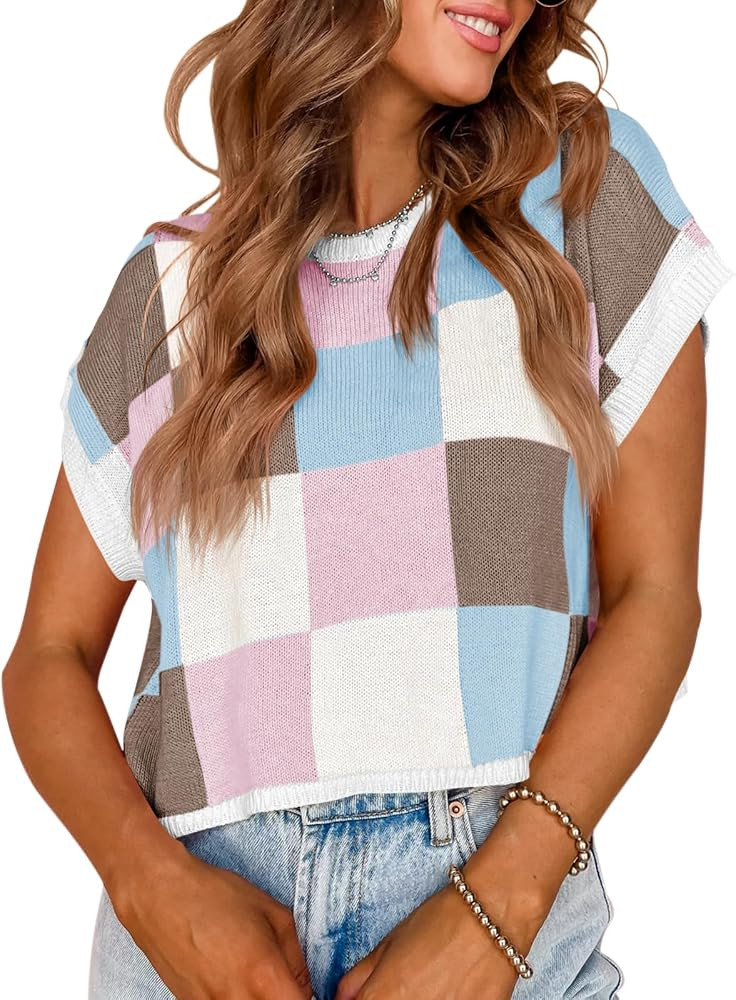 Saodimallsu Womens Cap Sleeve Crop Tops Summer Color Block Knit Sweater | Amazon (US)