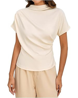 SweatyRocks Women's Casual Short Sleeve Mock Neck Tee Top Asymmetric Ruched Plain T Shirt | Amazon (US)
