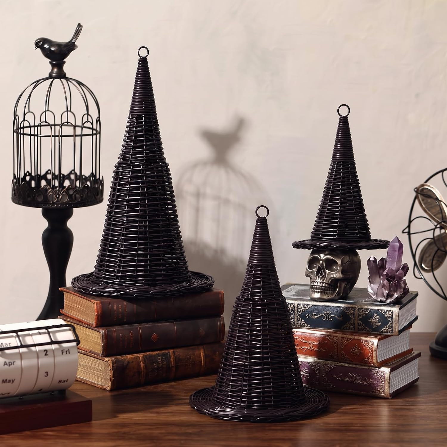 Patelai 3 Pcs Halloween Decoration Rattan Witch Hat Decor, Black Wicker Wizard Hats Centerpiece, Woven Witch Hat for Indoor Outdoor, Halloween Party Favors, Home Tabletop Garden Patio Backyard Decor | Amazon (US)