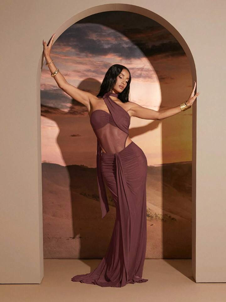 Hauture Asymmetric Halter Neck Mesh Panel Ruched Detail Dress | SHEIN