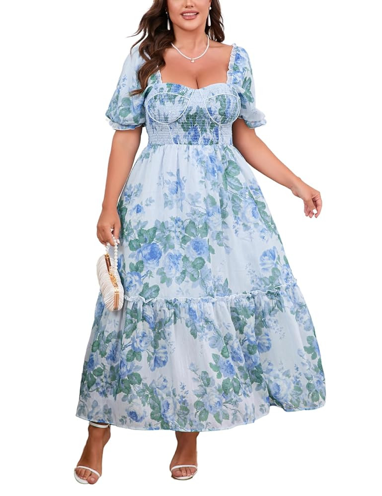 Women's Plus Size Floral Maxi Dress Puff Sleeves Cottagecore Corset Dresses Flowy Smocked Formal ... | Amazon (US)