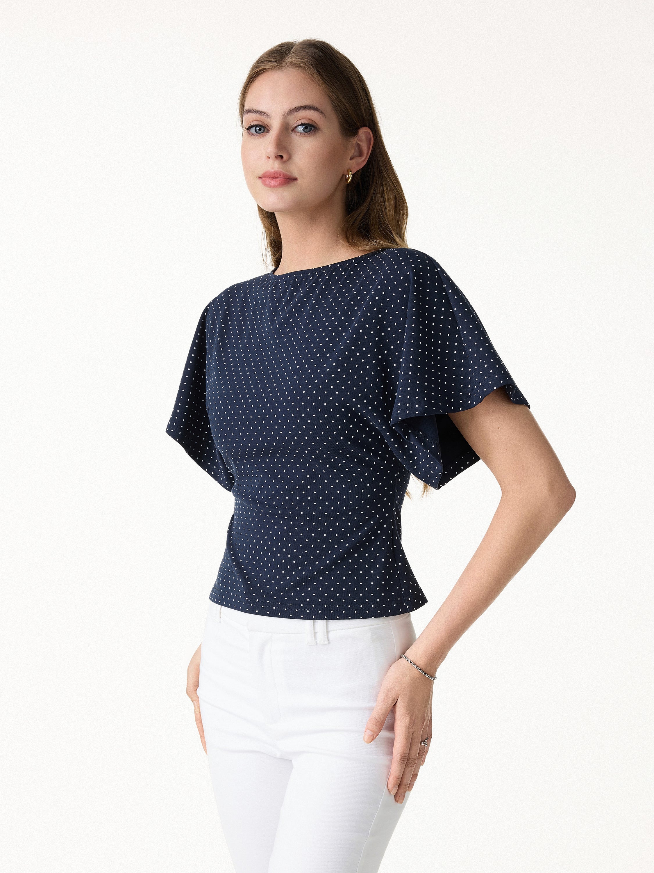 Soft Stretch Cotton Boatneck Flutter Sleeves Polka Dot Top Limited Edition | OGLmove