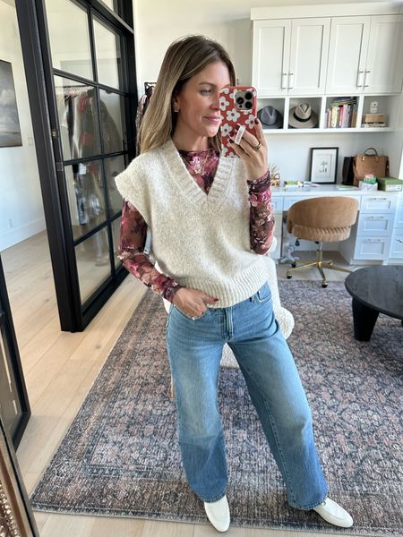 Ootd! Having so much fun with all of the family in town!
Lace top is Free People - small
Sweater vest is Madewell - small
Jeans are Madewell - 25
Shoes are Gucci and I linked similar - size 7
Everything is tts!

#LTKstyletip #LTKfindsunder100