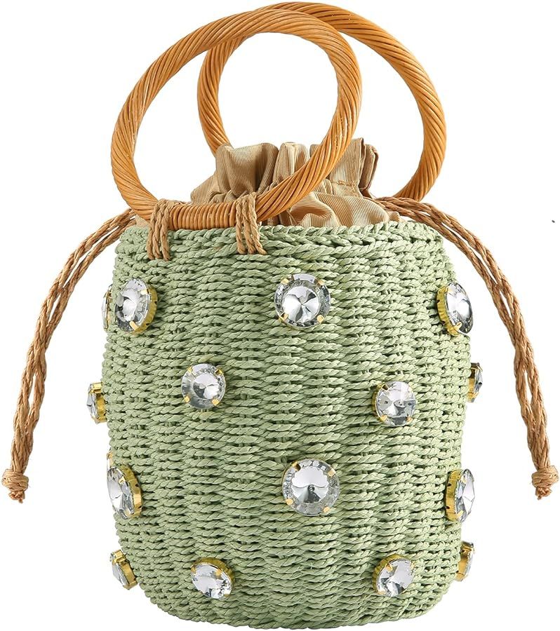 Flower Pearls Rattan Tote Bag Summer Beach Drawstring Straw Bucket Bag Diamonds Woven Handbag | Amazon (US)