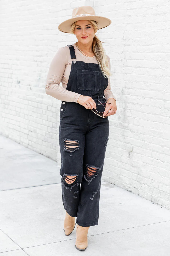Light Up Your Life Black Distressed Straight Leg Overalls | Pink Lily