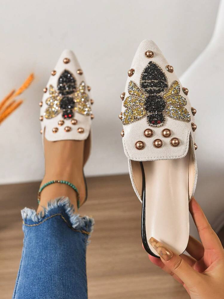 New Women Rhinestone Animal Decor Fashionable Casual Versatile Mule Flats | SHEIN