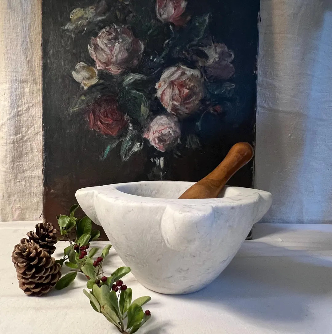 Large antique white marble mortar and its wooden pestle. | Etsy (US)