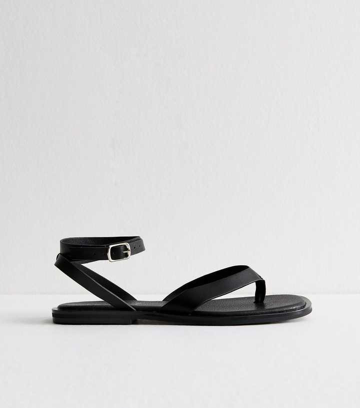 Black Faux Leather Thong Strap Ankle Wrap Flat Sandals | New Look | New Look (UK)