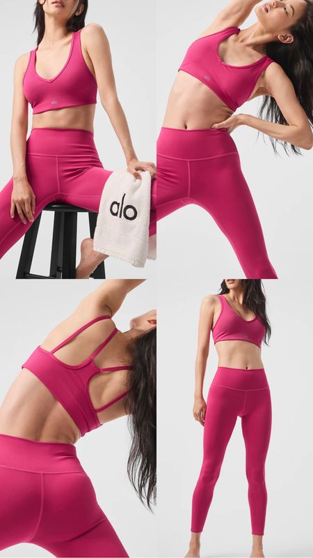 Alo Yoga gym co ord, pink sports wear. V beck sport bra, high compression sculpts and supports.  High-Waist Airlift Leggings. Cute trendy active wear. Gym set, active lifestyle, clean girl aesthetic, timeless wardrobe staple. Two piece outfit. Activewear. Matching set. 

#LTKfitness #LTKgiftguide #LTKspring