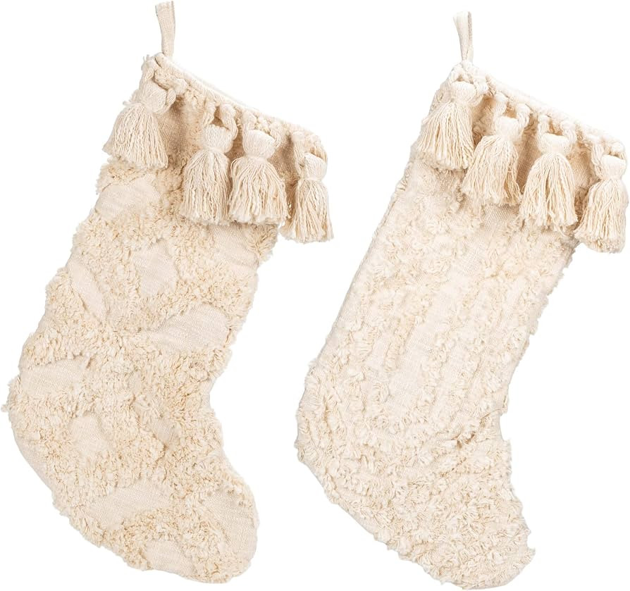 20"H Cotton Slub Stocking with Tufting and Tassels, Cream Color, 2 Styles | Amazon (US)