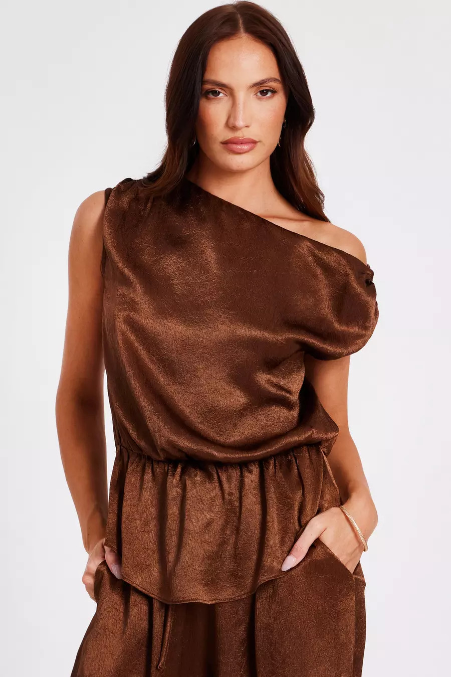 Brown Textured Satin Top | Quiz Clothing