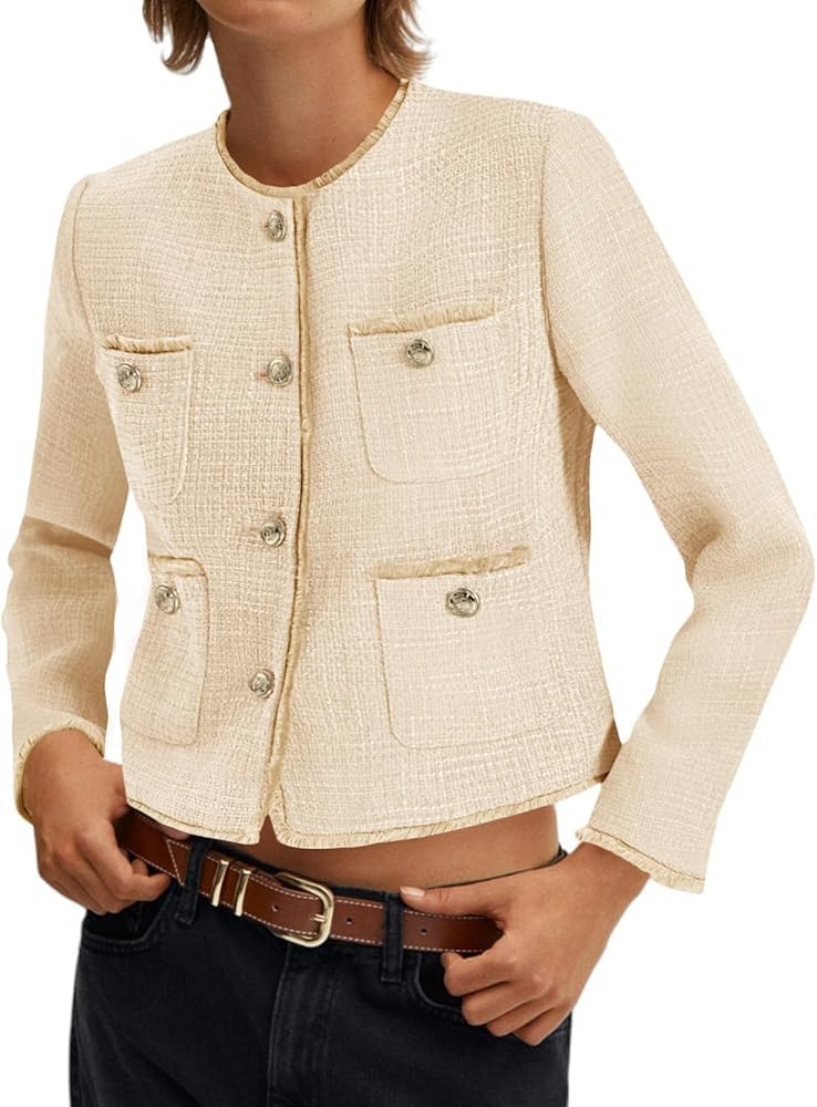 Cicy Bell Tweed Blazers for Women 2025 Collarless Button Down Womens Cropped Jackets | Amazon (US)