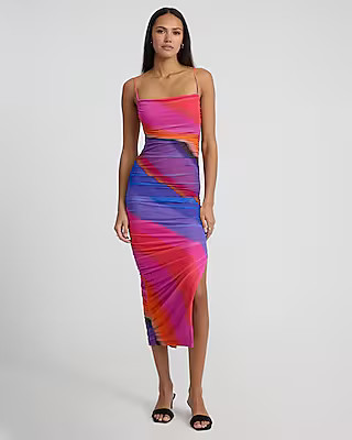 Body Contour Mesh Printed Ruched Midi Dress With Bra Cups | Express