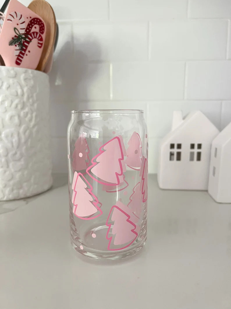 Pink Christmas Trees Glass Can  Iced Coffee Cup  Soda Glass - Etsy | Etsy (US)