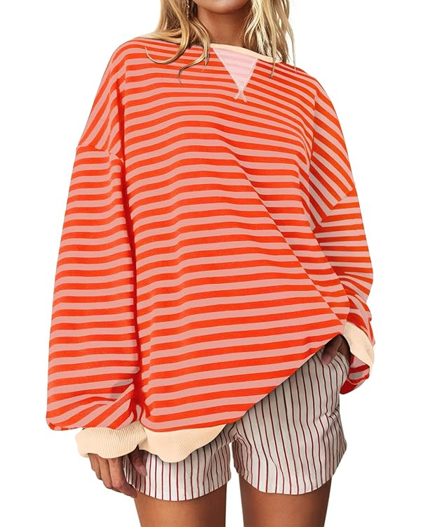 UEU Women Striped Oversized Sweatshirt Color Block Crewneck Long Sleeve Pullover Top Fashion Tren... | Amazon (US)