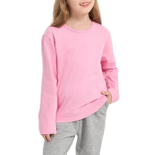 Girls/Toddlers Long Sleeve Shirts Kids Crewneck Soft Cotton Fall Tops Girls' Basic Long Sleeve Tee(2-14Years) Pink | Amazon (US)