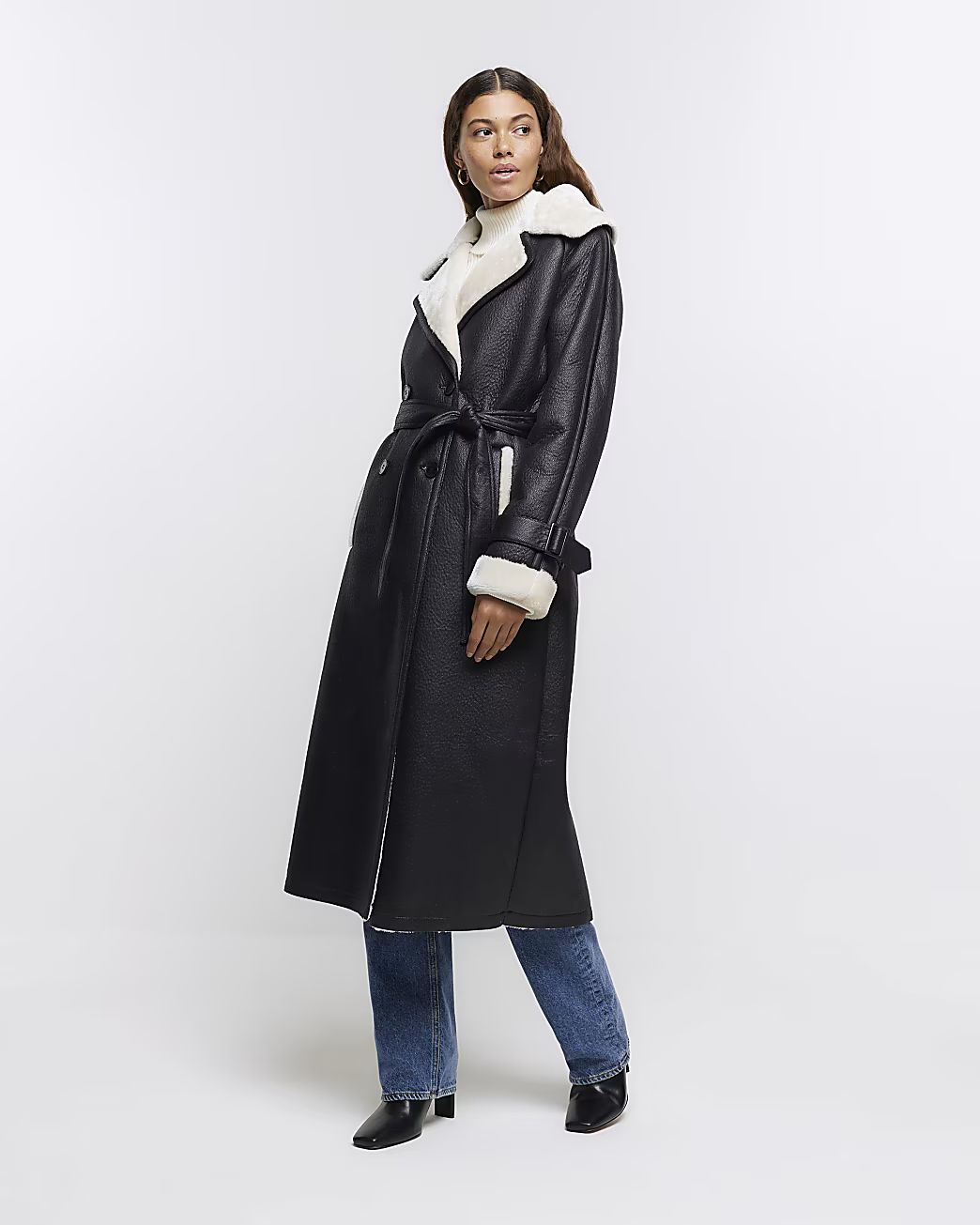 Black belted shearling trench coat | River Island (UK & IE)