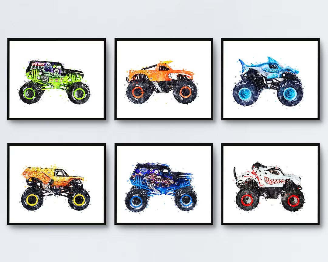 Monster Truck Set Of 6 Monster Truck Watercolor Printable Print Boys Room Decor Birthday Gift Wal... | Etsy (US)