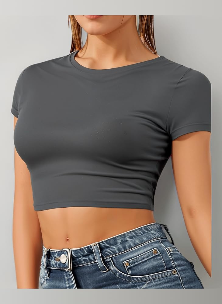 Women's Basic Ladies Short Sleeve Stretchy Crop Tops for Women, Slim Fit Crew Neck, Cropped T Shi... | Amazon (UK)