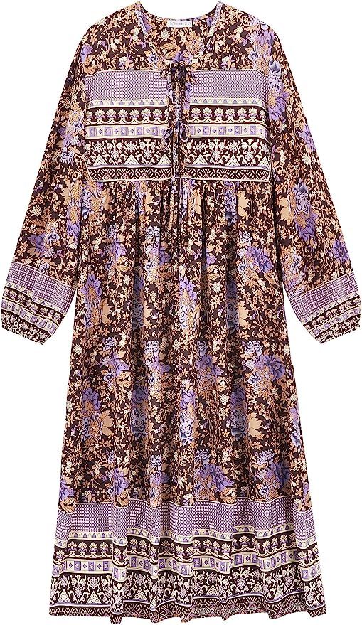 R.Vivimos Women's Long Sleeve Floral Print Retro V Neck Tassel Bohemian Midi Dresses | Amazon (US)