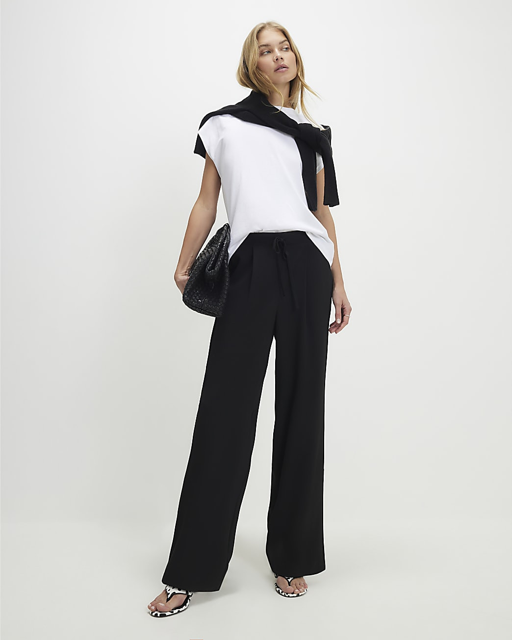 Black Tailored Drawstring Wide Leg Trousers | River Island UK & IE
