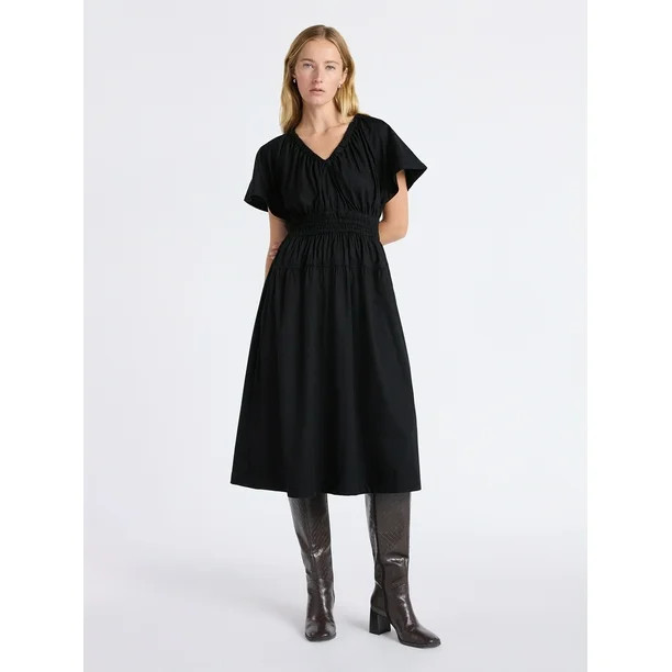 Free Assembly Women's and Women's Plus Cotton Smocked Waist Midi Dress with Flutter Sleeves, Size... | Walmart (US)