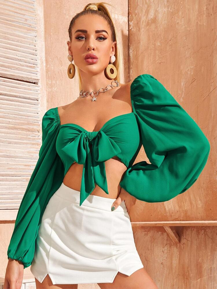 SHEIN VCAY Tie Front Lantern Sleeve Crop Milkmaid Top | SHEIN