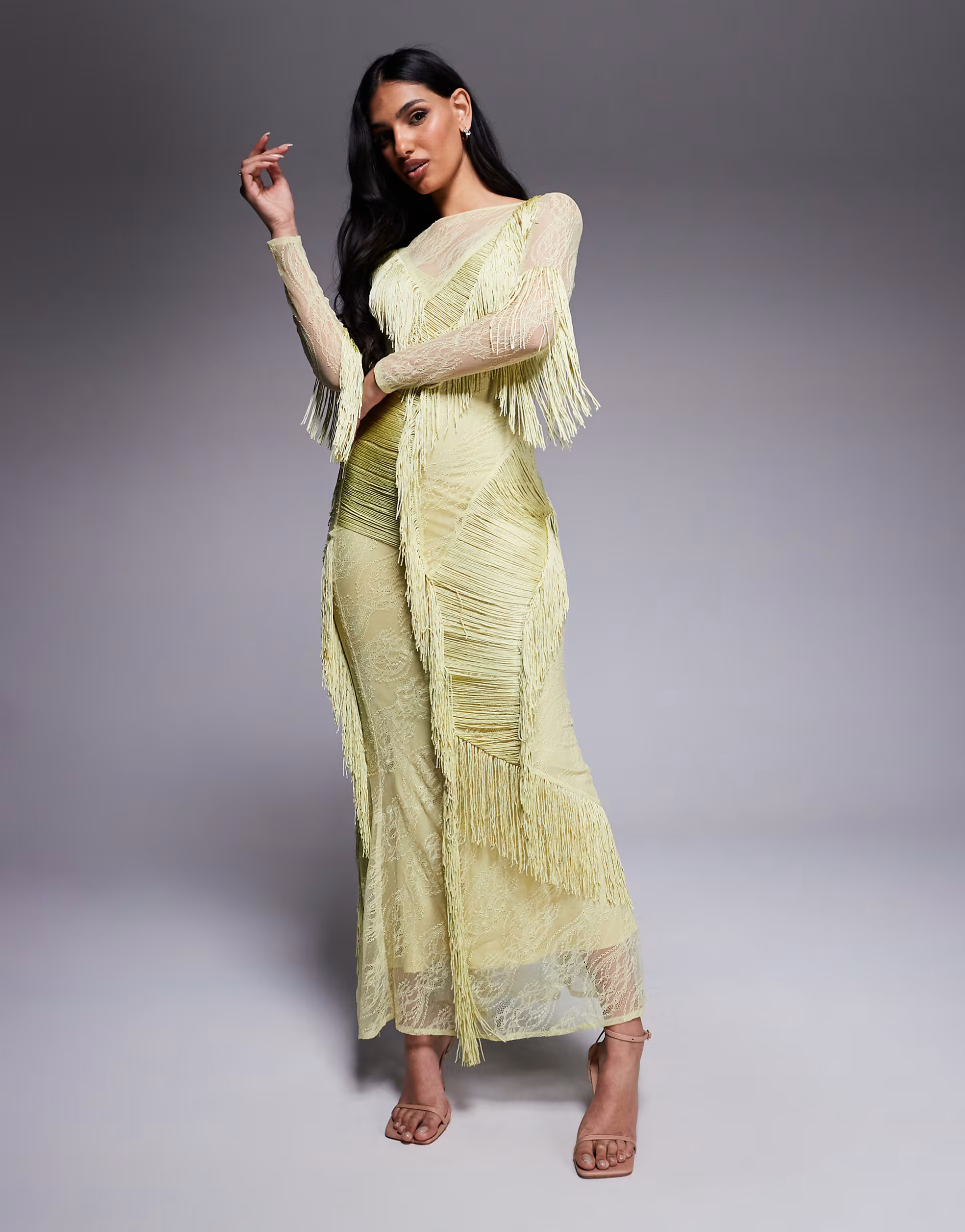 ASOS DESIGN slash neck lace fringe detail maxi dress with open back in lime | ASOS | ASOS (Global)